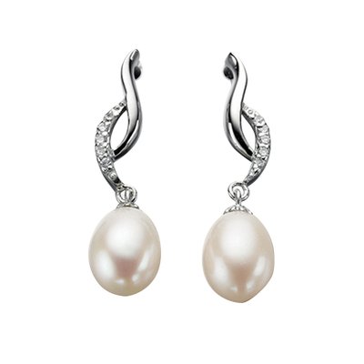 Sterling Silver Twisted Earrings With Natural Pearl and Cubic Zirconia BEGINNINGS