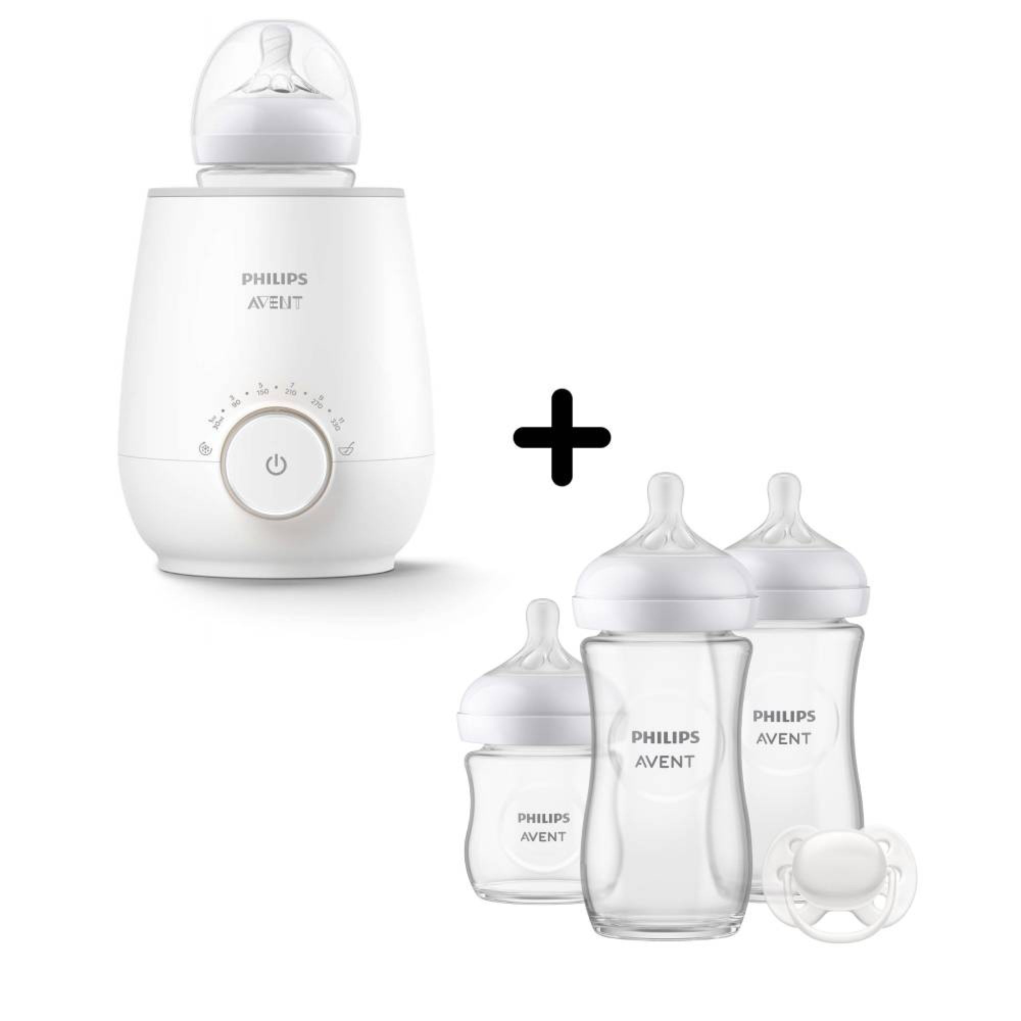 Pack chauffe biberon électrique SCF358/00 + coffret 3 biberons Natural verre + 1 sucette SCD878/11, PHILIPS AVENT
