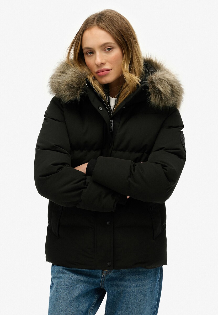 Doudoune courte à capuche en imitation fourrure, SUPERDRY