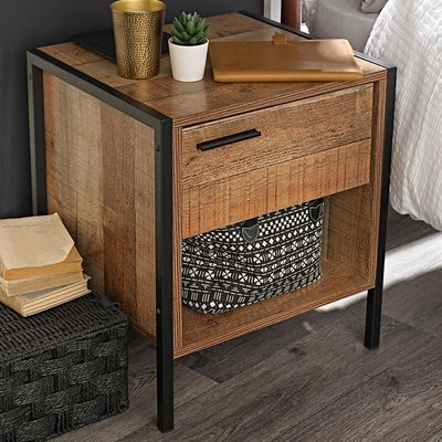 Industrial Style Oak Effect Bedside Cabinet SO'HOME