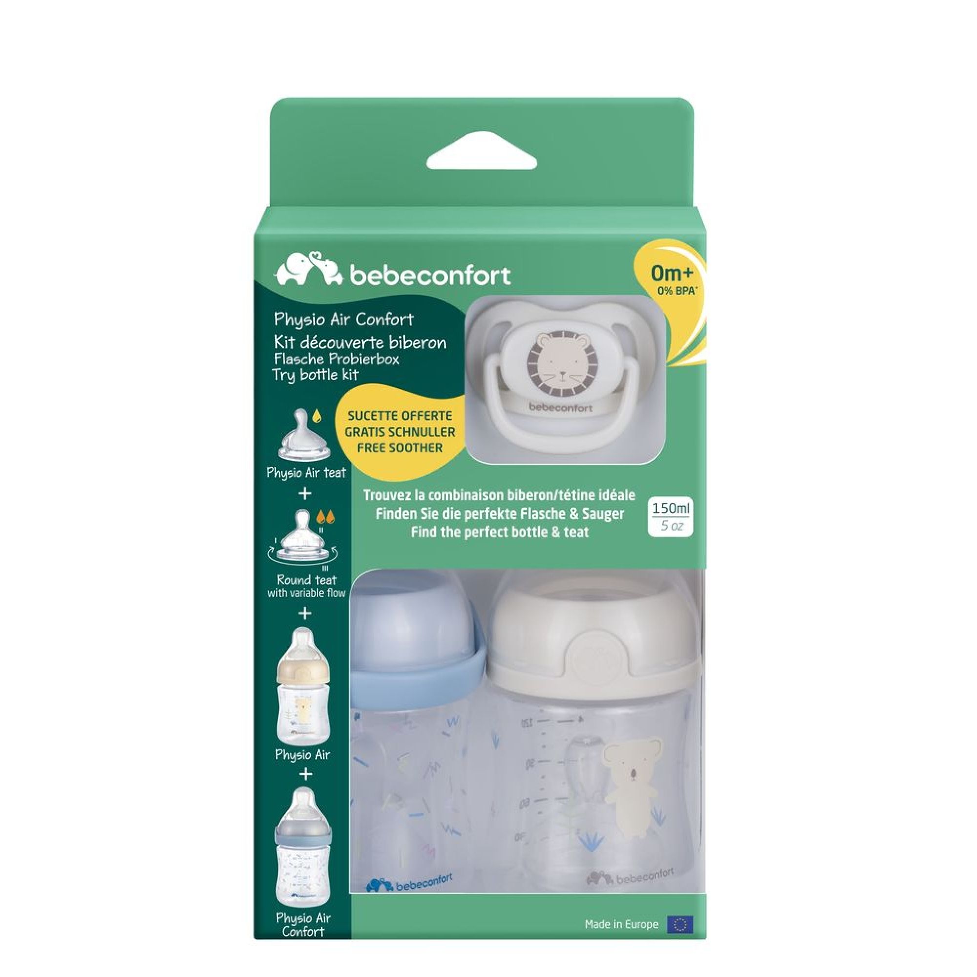 Lot de 2 biberons physio Air Confort 150 ml + tétine 0-6 mois S Sand, BEBECONFORT