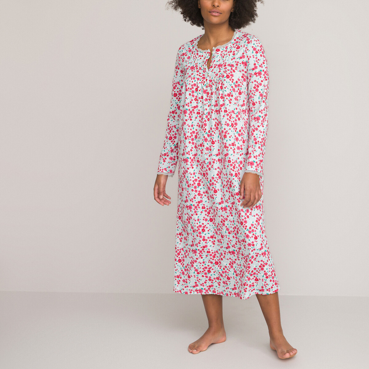 Floral Cotton Long Nightdress with Macrame Details