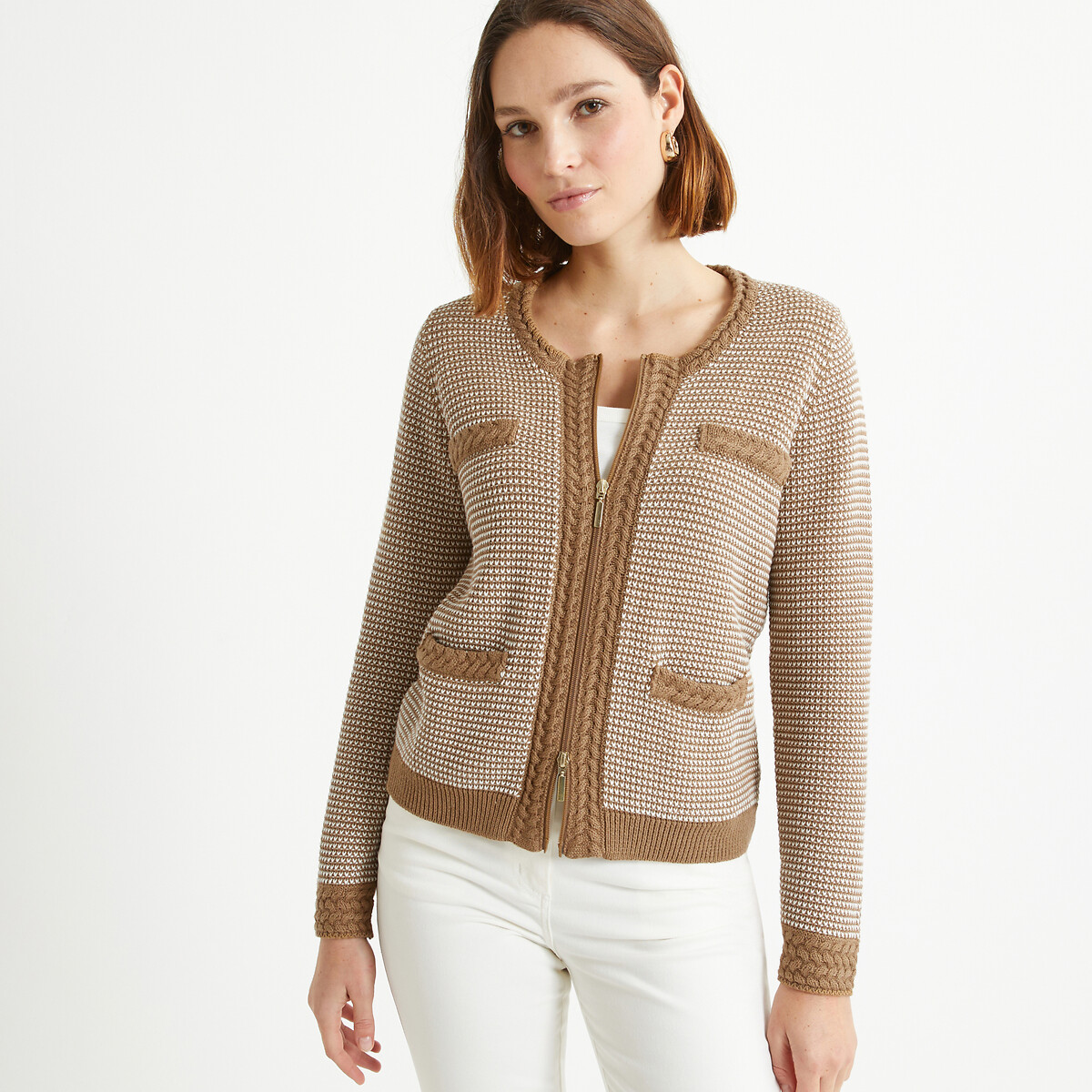 Cotton Mix Zipped Cardigan in Chunky Knit