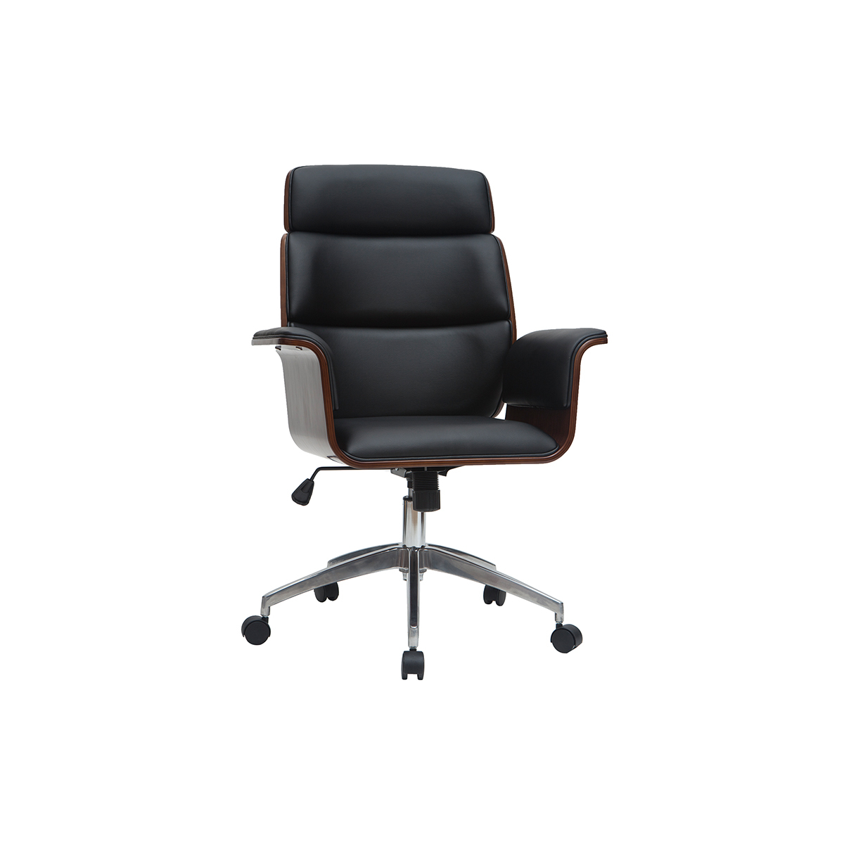 Fauteuil de bureau à roulettes design en tissu effet velours texturé beige, bois foncé et acier chromé ELON, MILIBOO