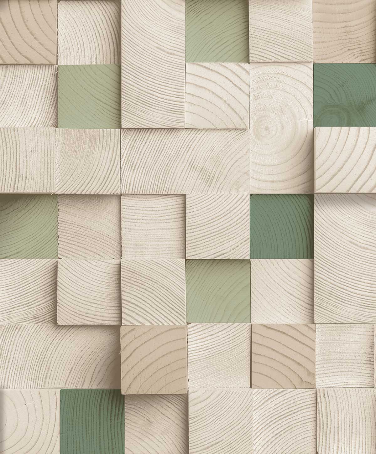 Papier peint cubes bois verts style naturel, HEXOA