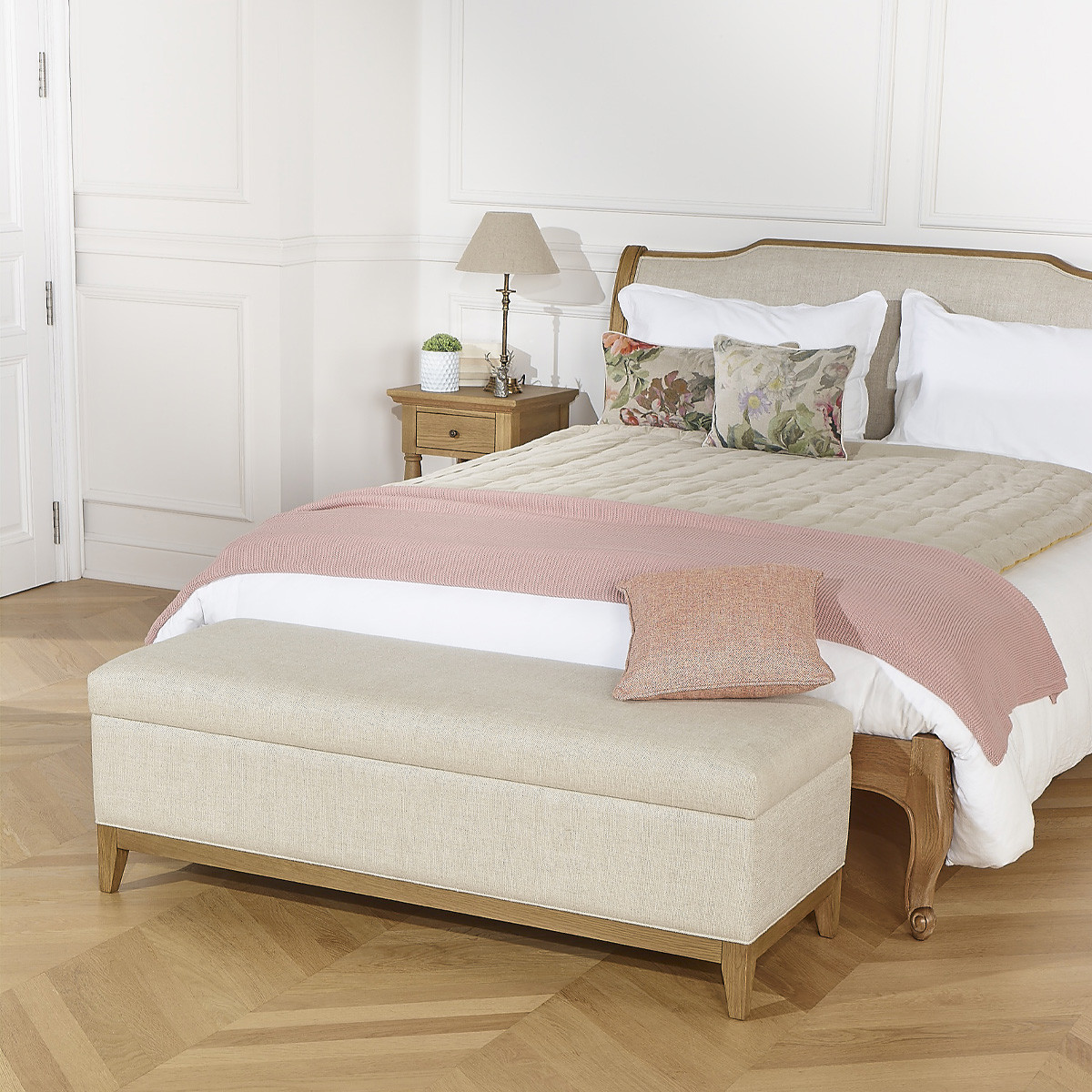 Banc de rangement style shabby chic en chêne et lin VIRGINIA, ROBIN DES BOIS