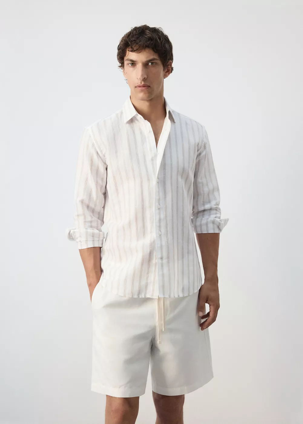 Chemise à rayures en mélange de lin et coton, MANGO MAN