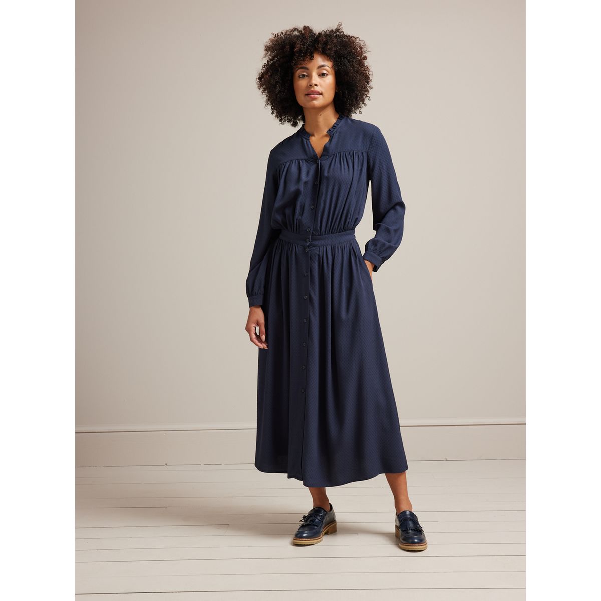 Robe longue col froufrou en viscose dobby bleu Cyrillus La Redoute