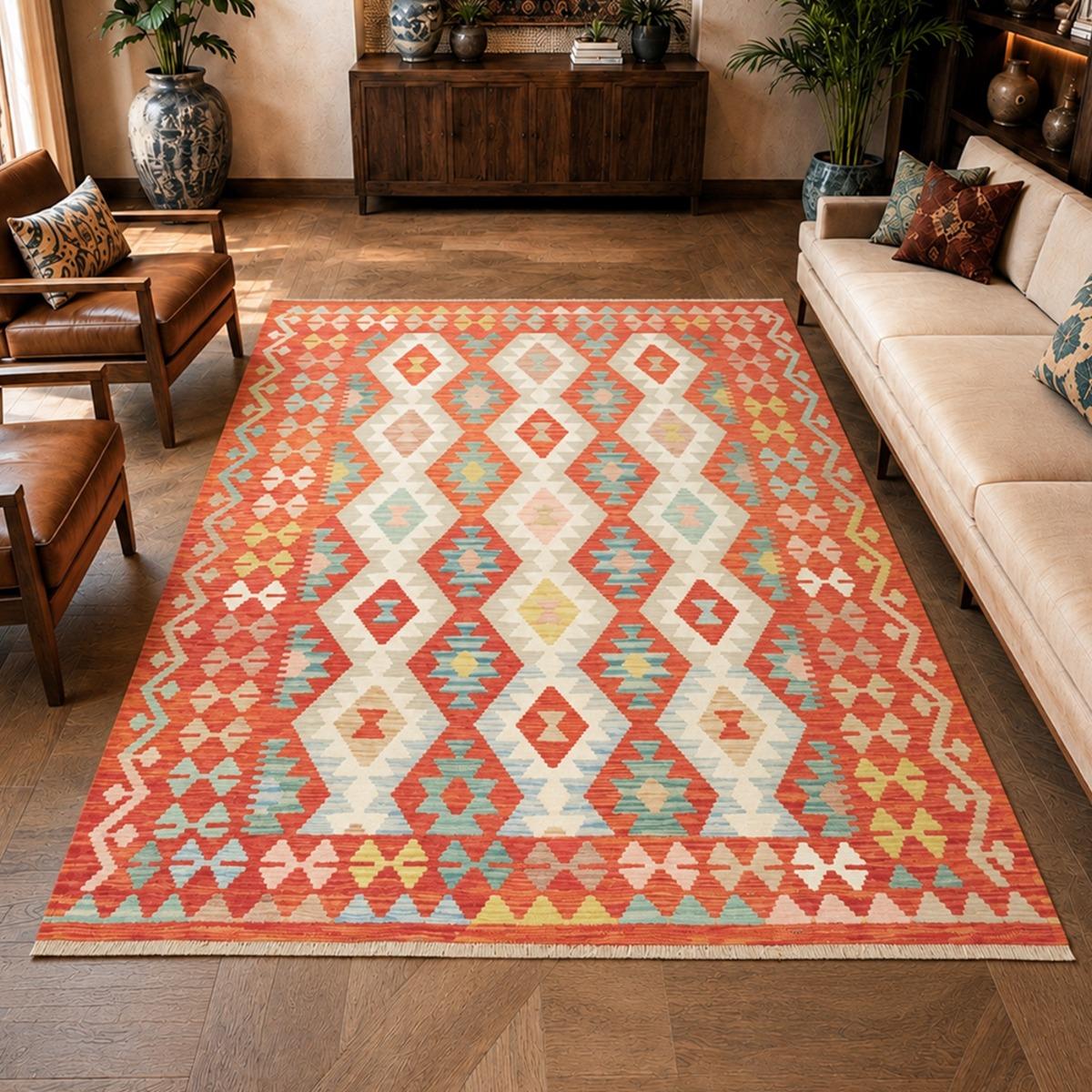 Tapis kilim géométrique, tissé plat en laine, KILIM 86, UN AMOUR DE TAPIS