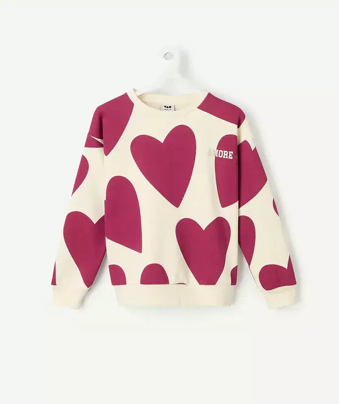 Heart Print Fleece Crew Neck Sweatshirt, TAPE A L'OEIL