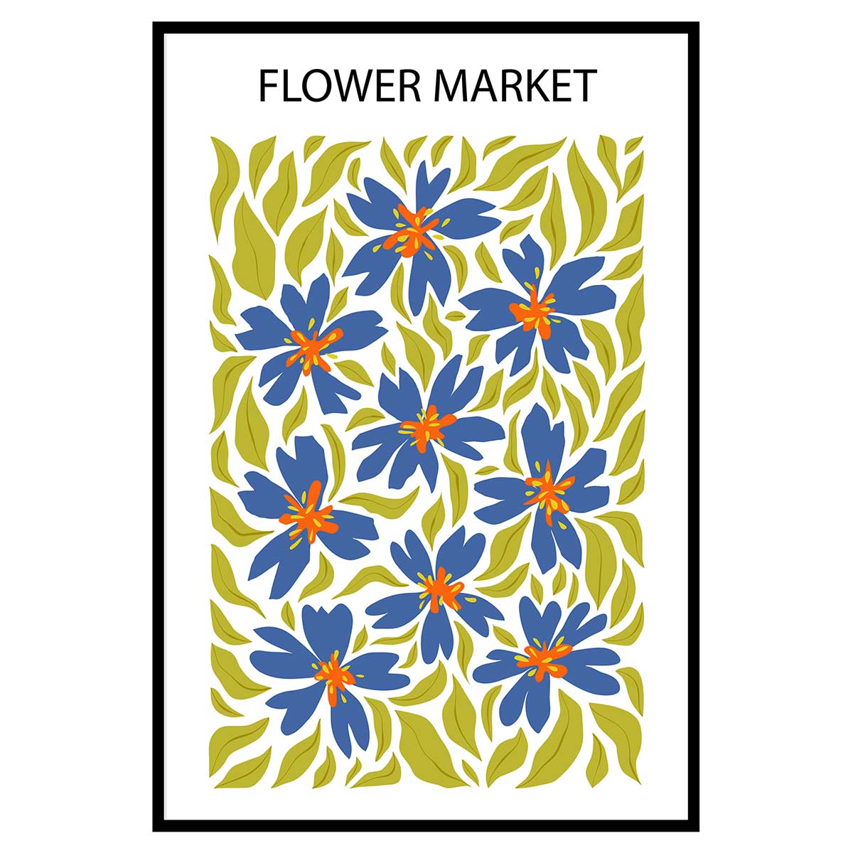 Affiche encadrée fleurs bleues décoratives, HEXOA