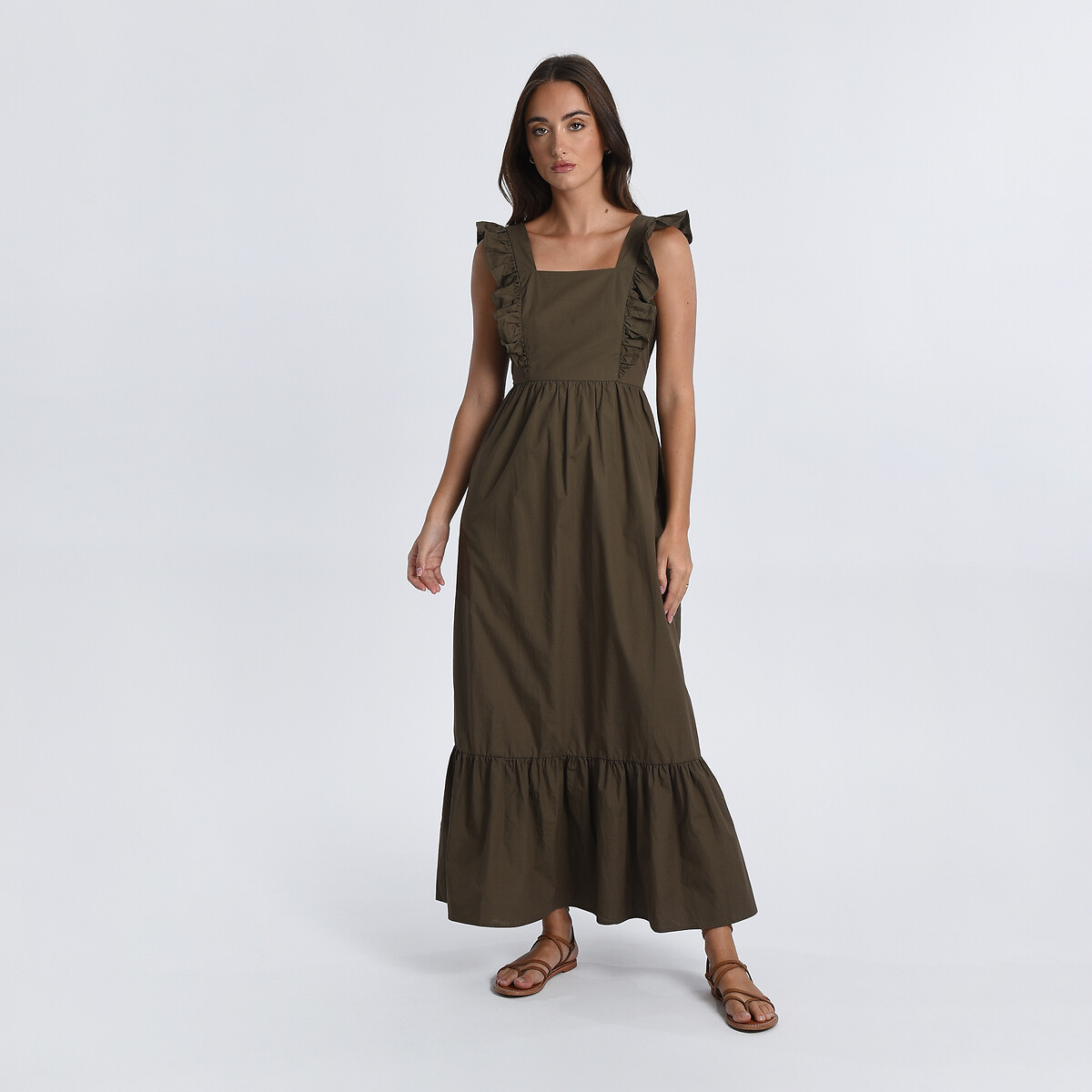 Cotton Ruffled Maxi Dress with Square Neck