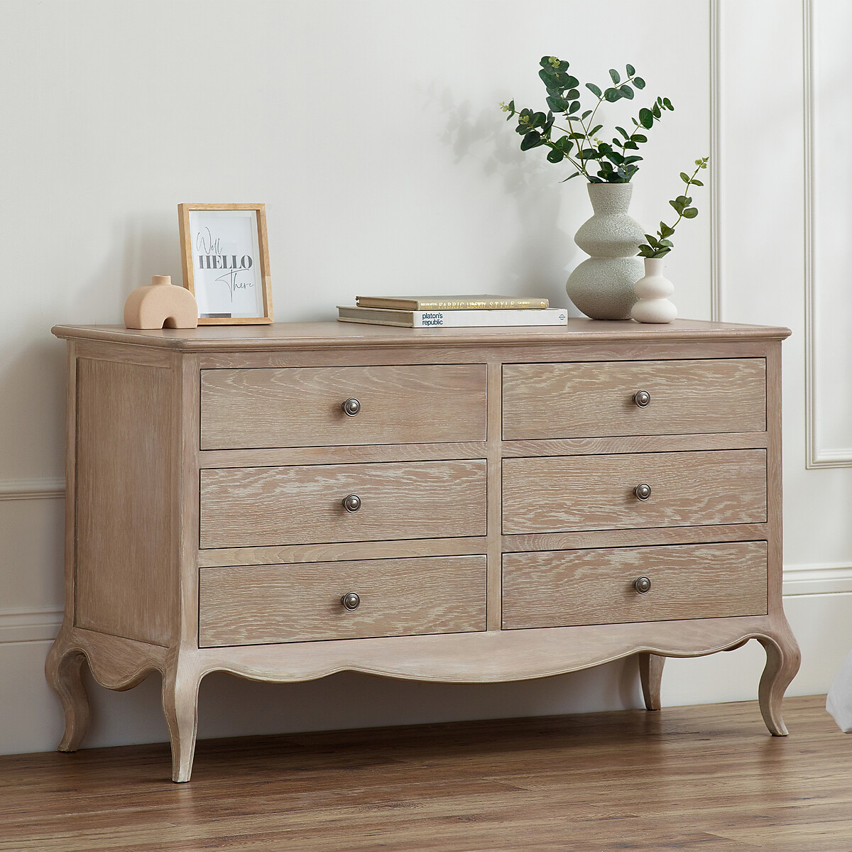 Eléa French Antique Limed Oak Wide Chest of 6 Drawers, SO'HOME