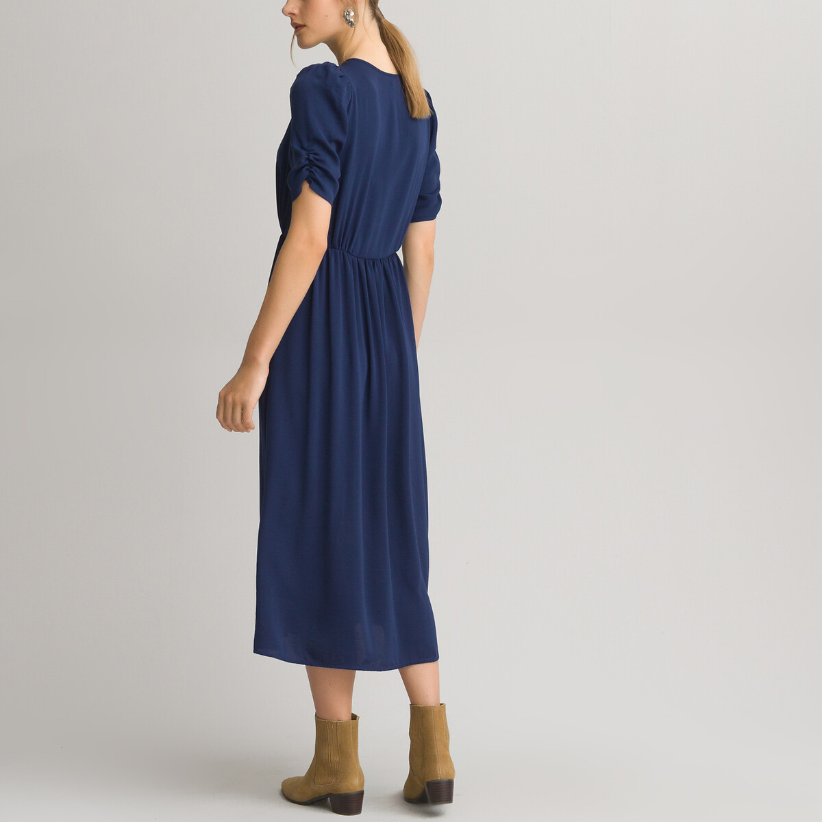 V-Neck Midi Dress with Short Puff Sleeves