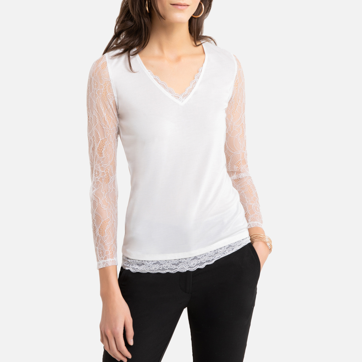 V-Neck T-Shirt with Long Lace Sleeves