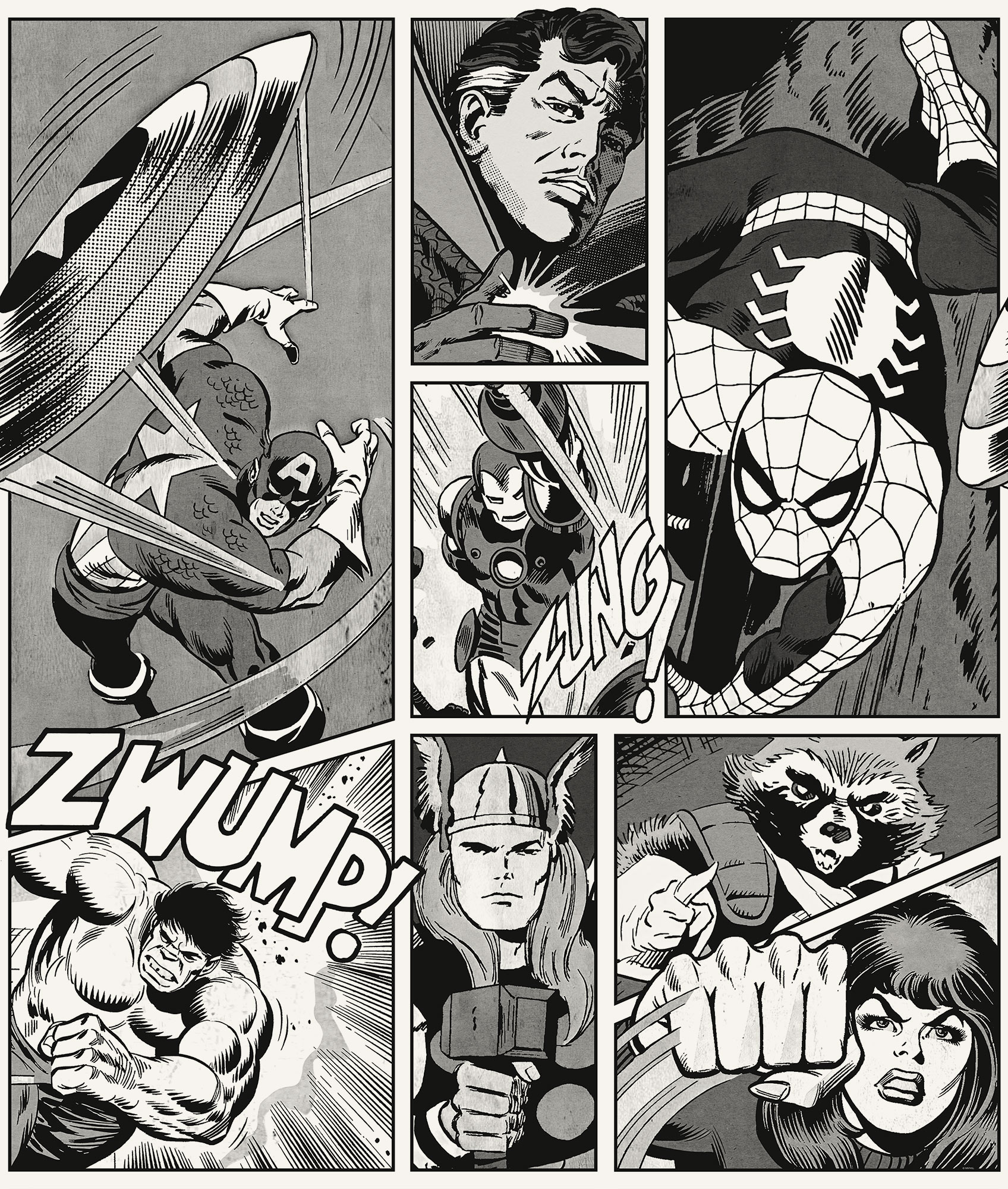 Papier peint Komar - Marvel Classic Comic Panel Monochrome - Rouleau: 212 x 250 cm, HEXOA