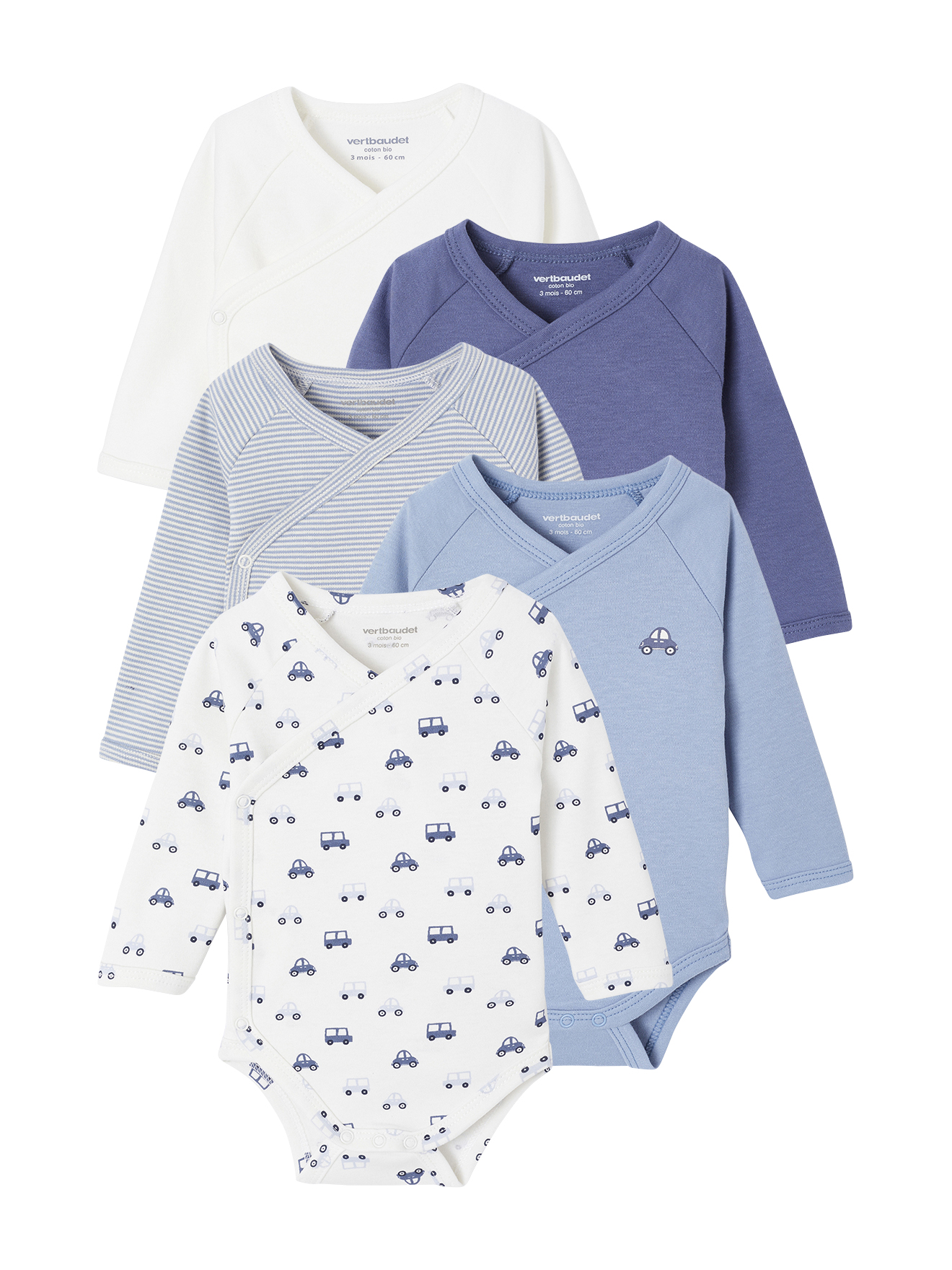 Lot de 5 bodies ouverture naissance, VERTBAUDET