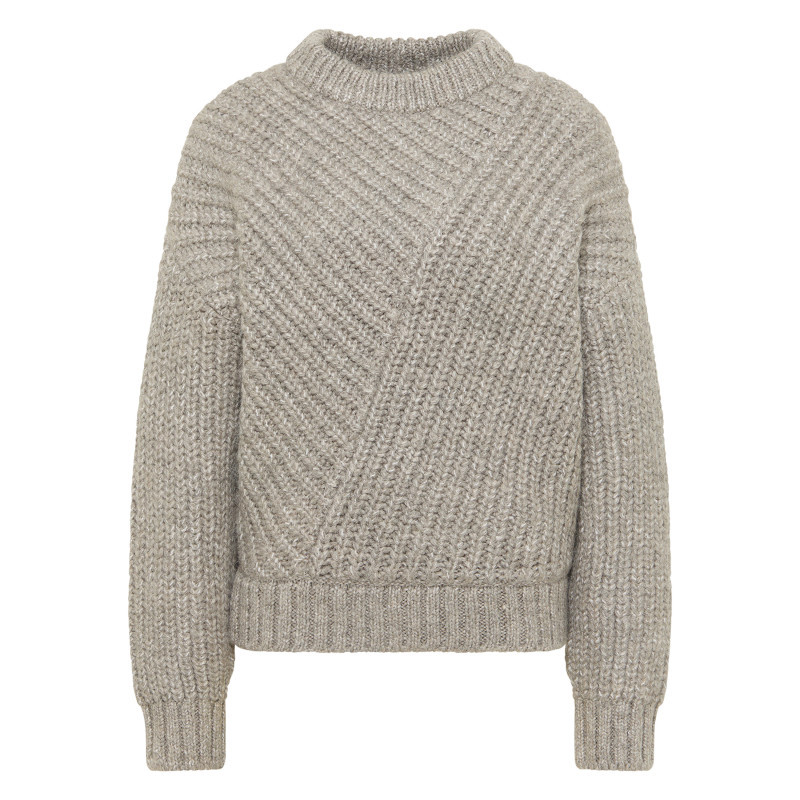 Pull beige uni avec un col rond côtelé et des manches longues, MUSTANG