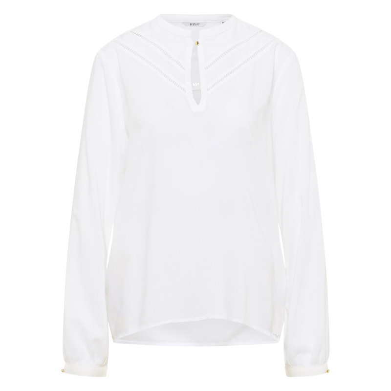 Blouse blanche unie avec un col tunisien et des manches longues, MUSTANG