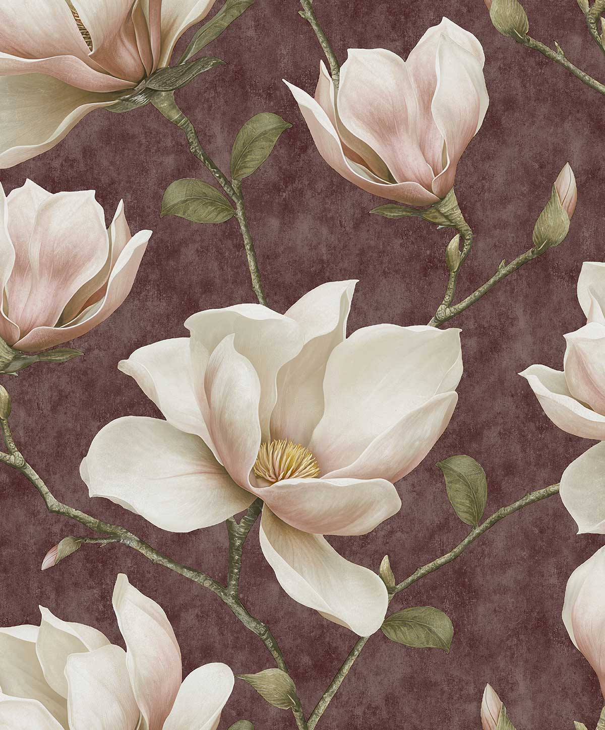 Papier peint magnolia blanc fond bordeaux profond, HEXOA