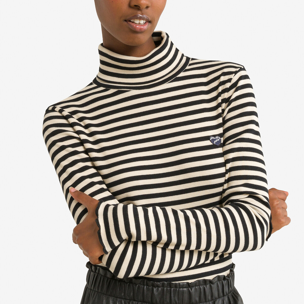 Long sleeve black 2025 and white striped turtleneck