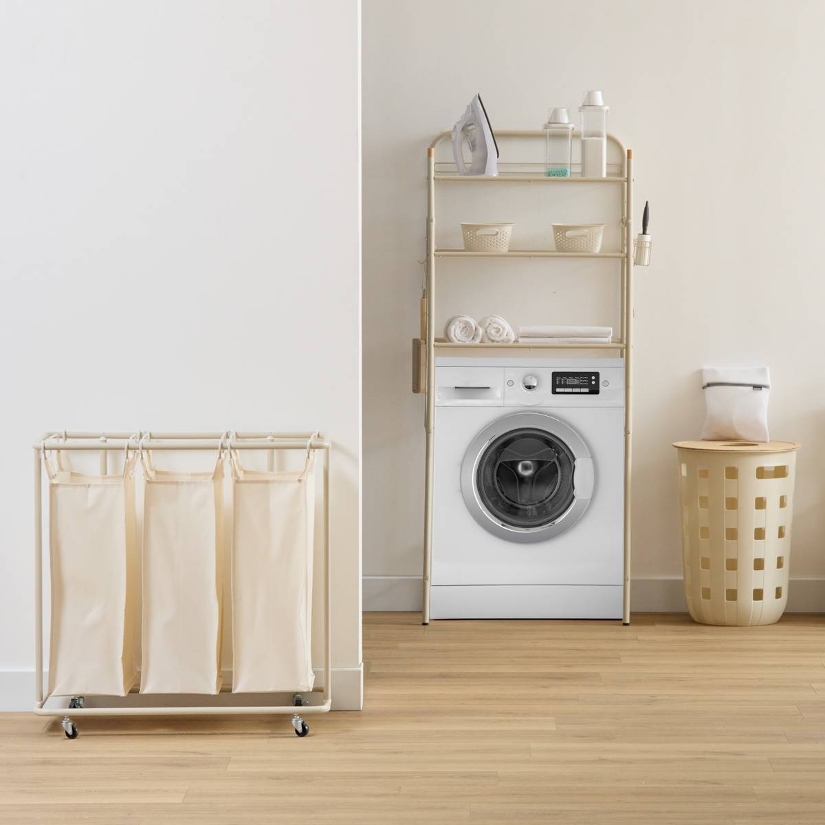 5five Panier à Linge Sur Roulettes 52L Beige - Grande Capacité, Pratique Et Design Pour Salle De Bain Ou Chambre