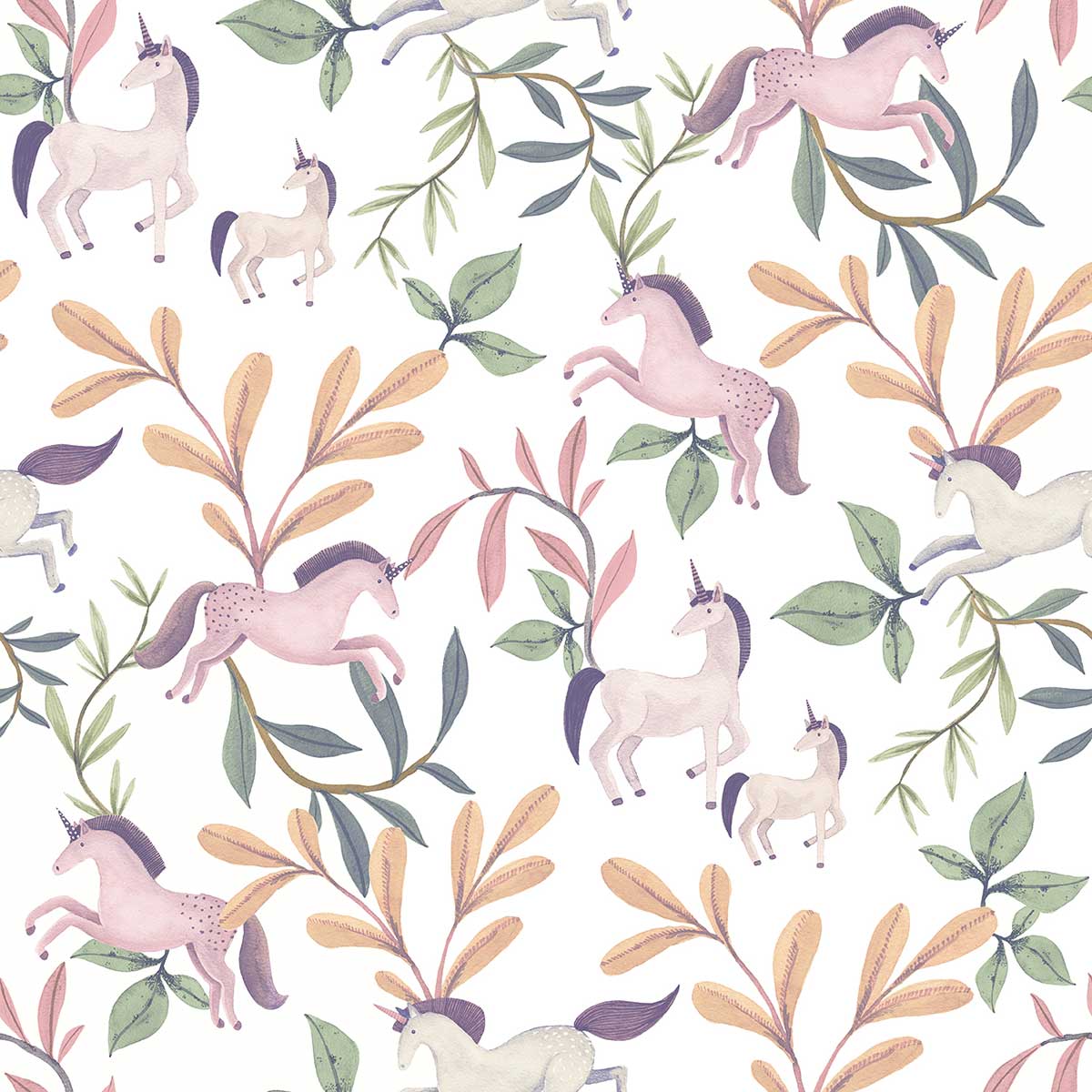 Papier peint licornes roses feuillages colorés, HEXOA