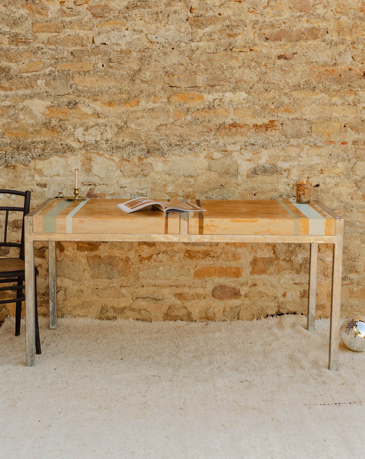 Table à manger en métal et bois Romy N°1513 - Bon état, DEBONGOUT