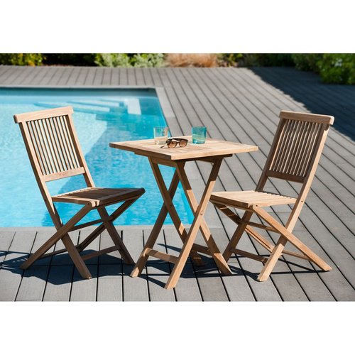 Salon de jardin table d'extérieur carrée pliante 60x60cm 2 chaises pliantes  en bois de teck summer bois naturel Pier Import
