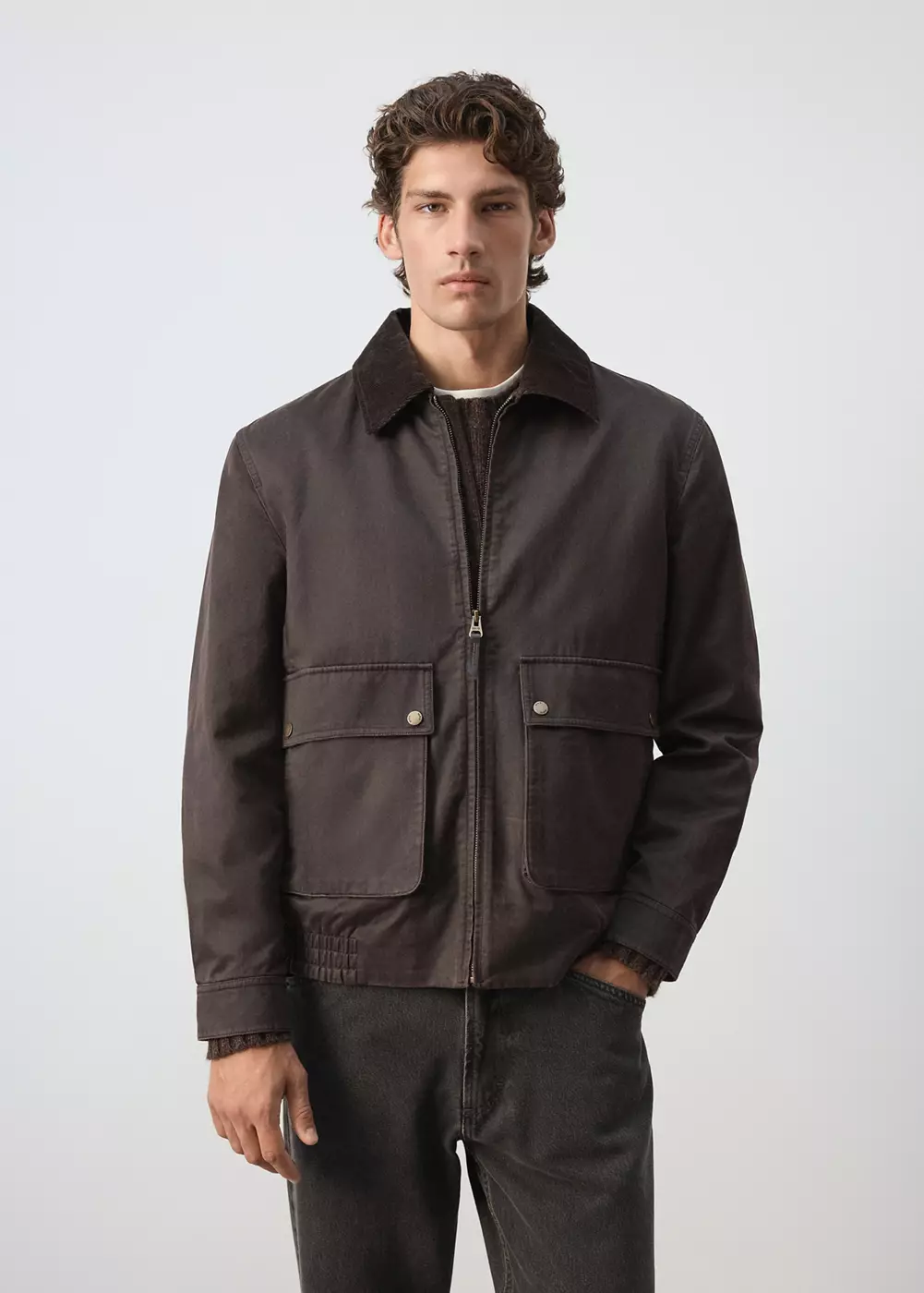 Veste cirée à col en velours côtelé, MANGO MAN
