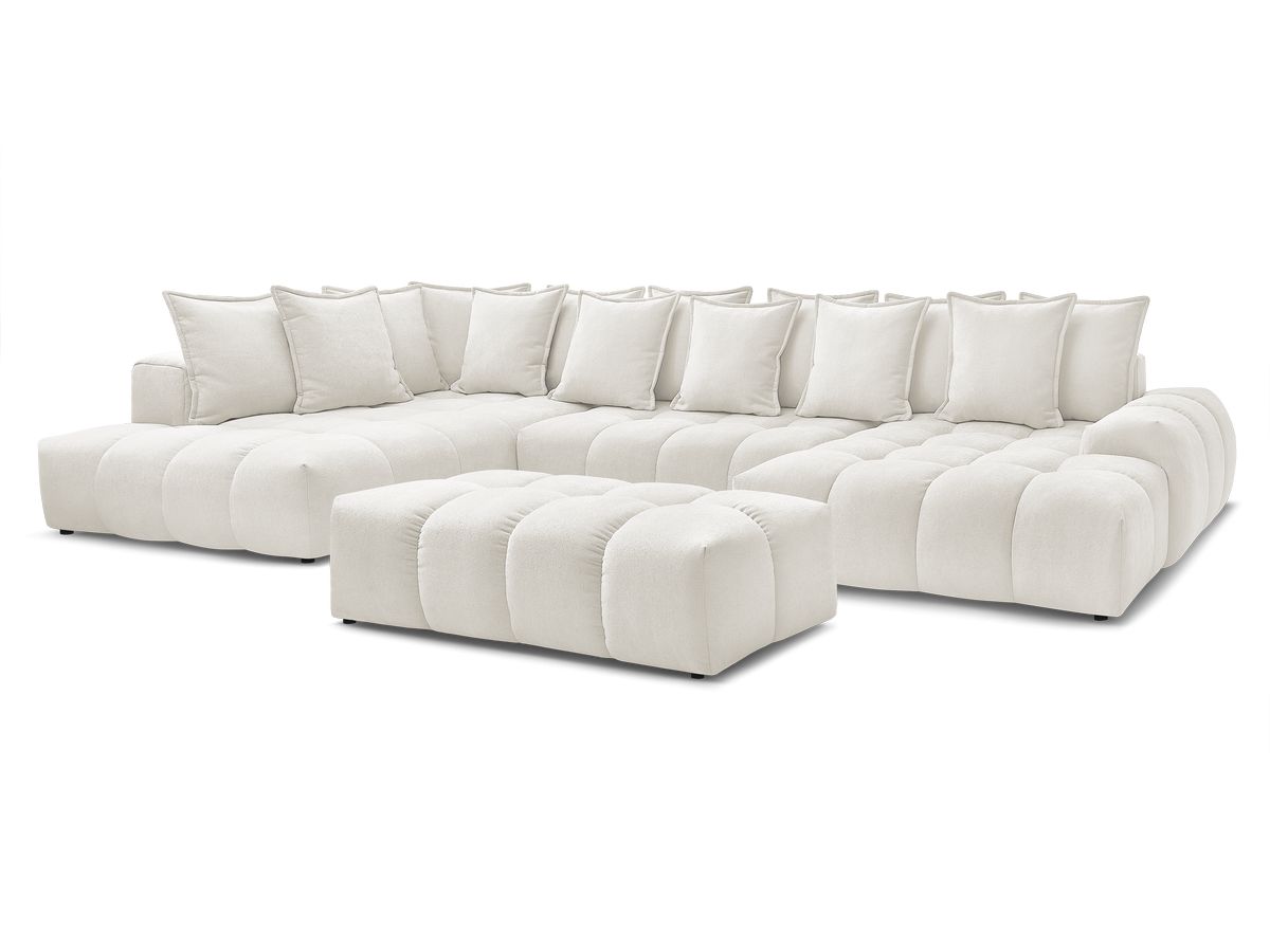 Canapé panoramique convertible 7 places en tissu texturé avec pouf, EVEREST, BOBOCHIC