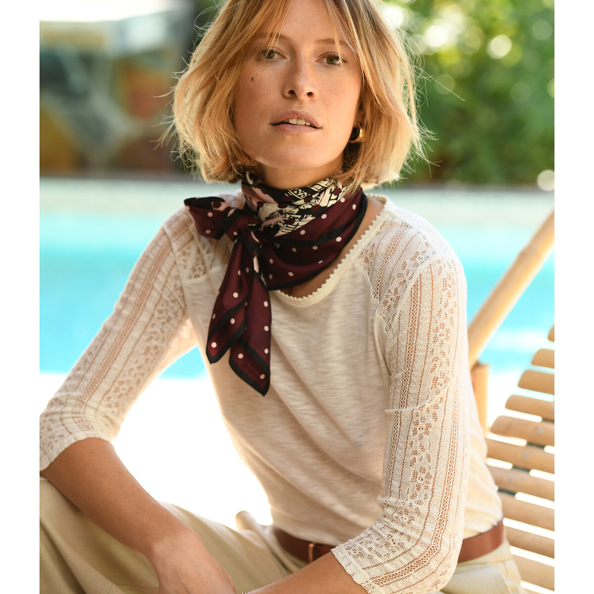 Image of Cotton Collarless T-Shirt with Lace Sleeves