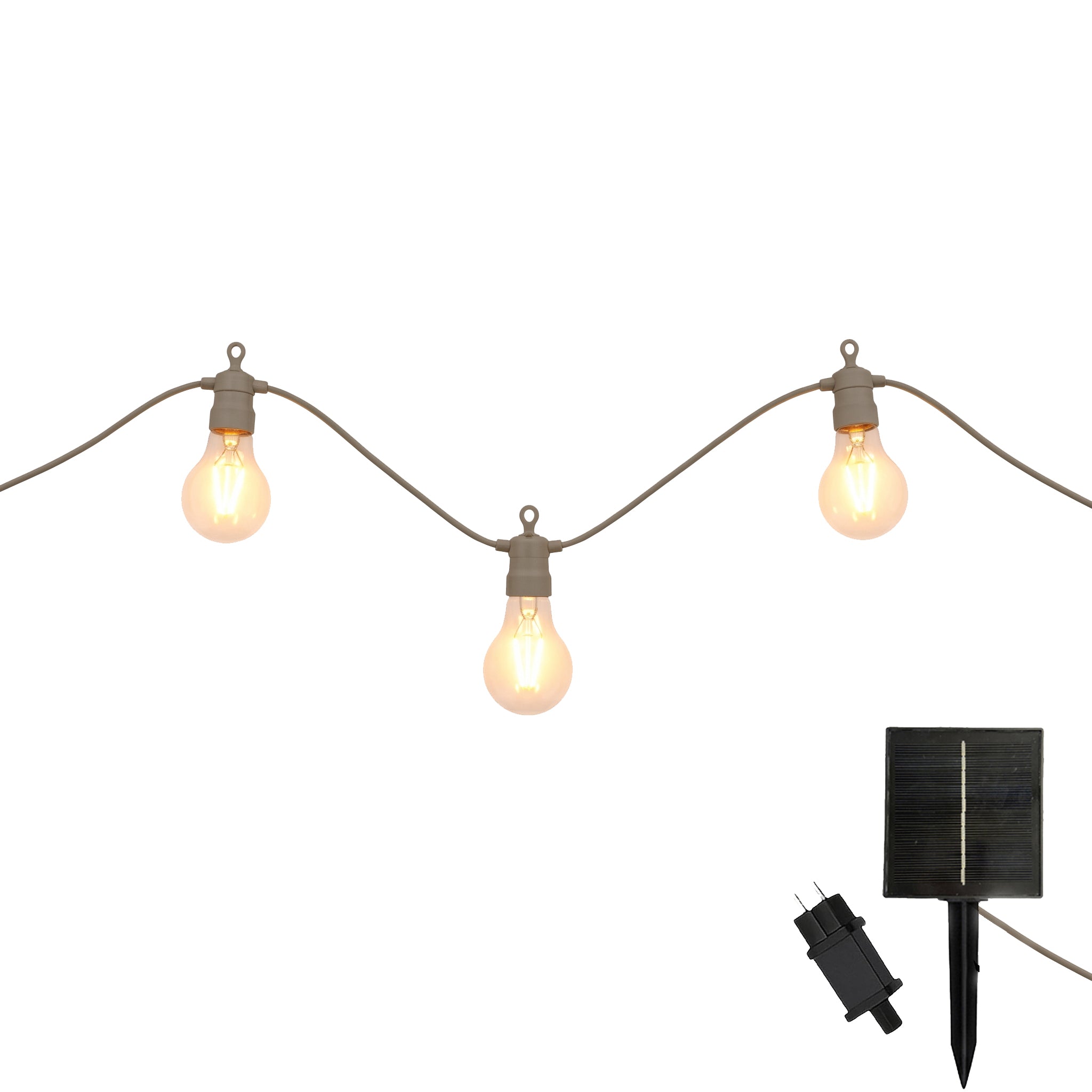 Guirlande lumineuse extérieur taupe 10 globes transparents raccordable LED blanc chaud PARTY MAX CLEAR HYBRID TAUPE 8m solaire et sur secteur, LUMISKY