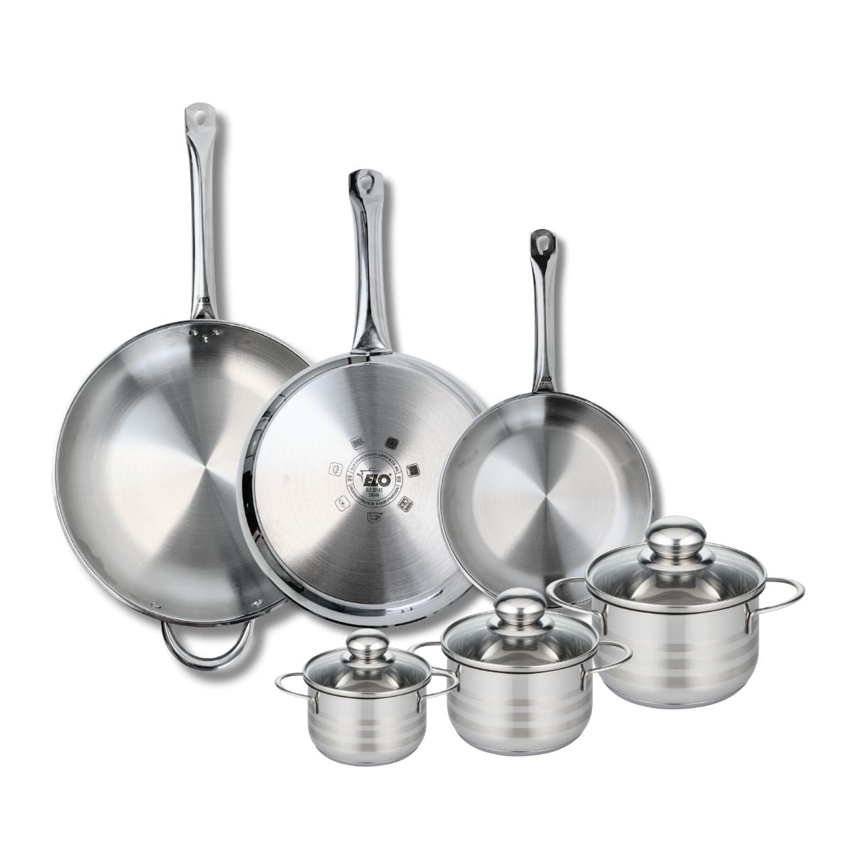3 poêles 24/28/32cm + 3 faitouts 12/14/16cm PROFI BRILLANT, ELO