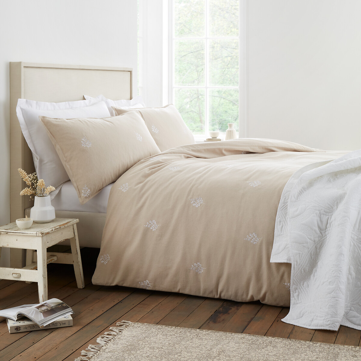 Brushed Embroidery Leaf Cotton Duvet Cover Set, BIANCA FINE LINENS