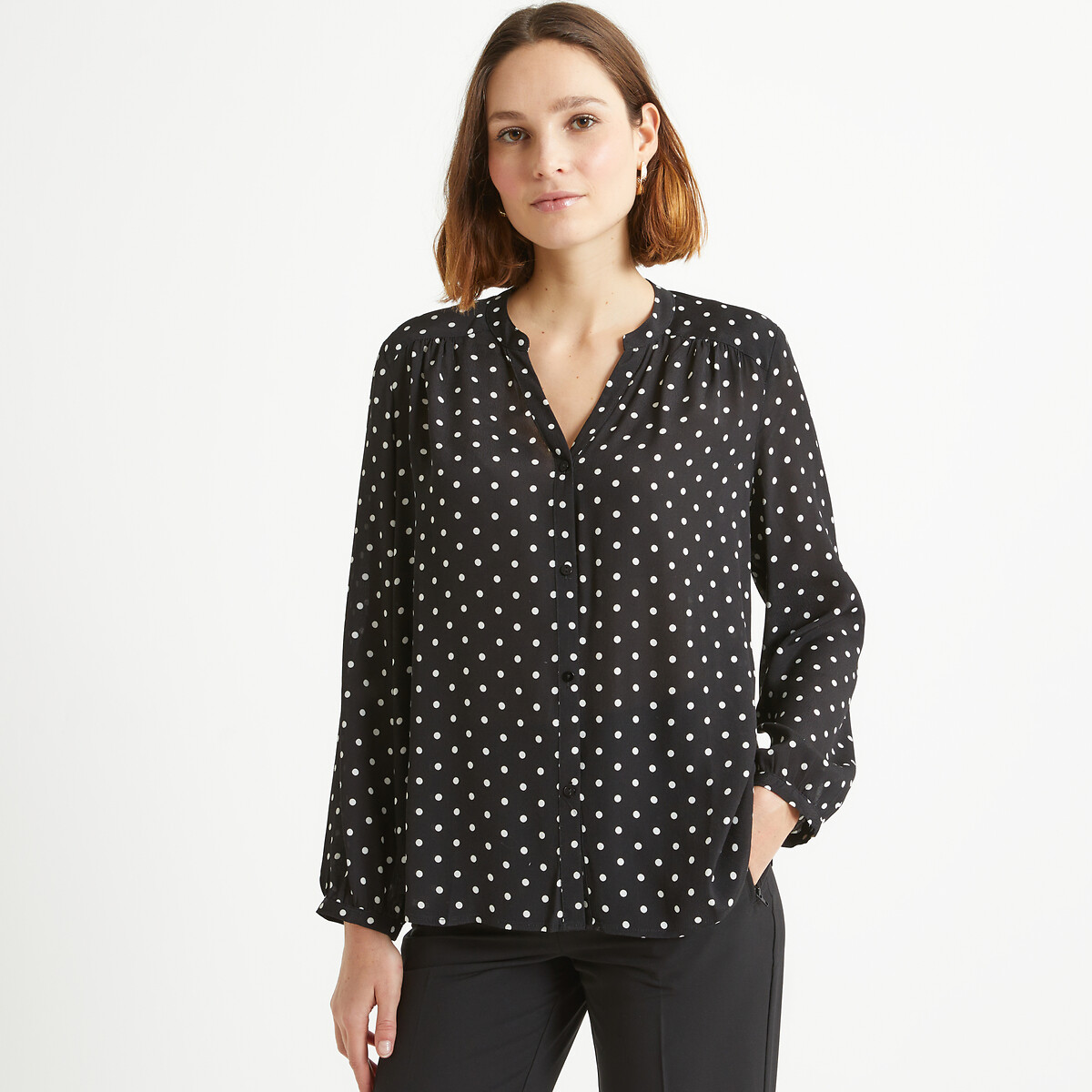 Polka Dot Print Blouse with Crew Neck and Long Sleeves