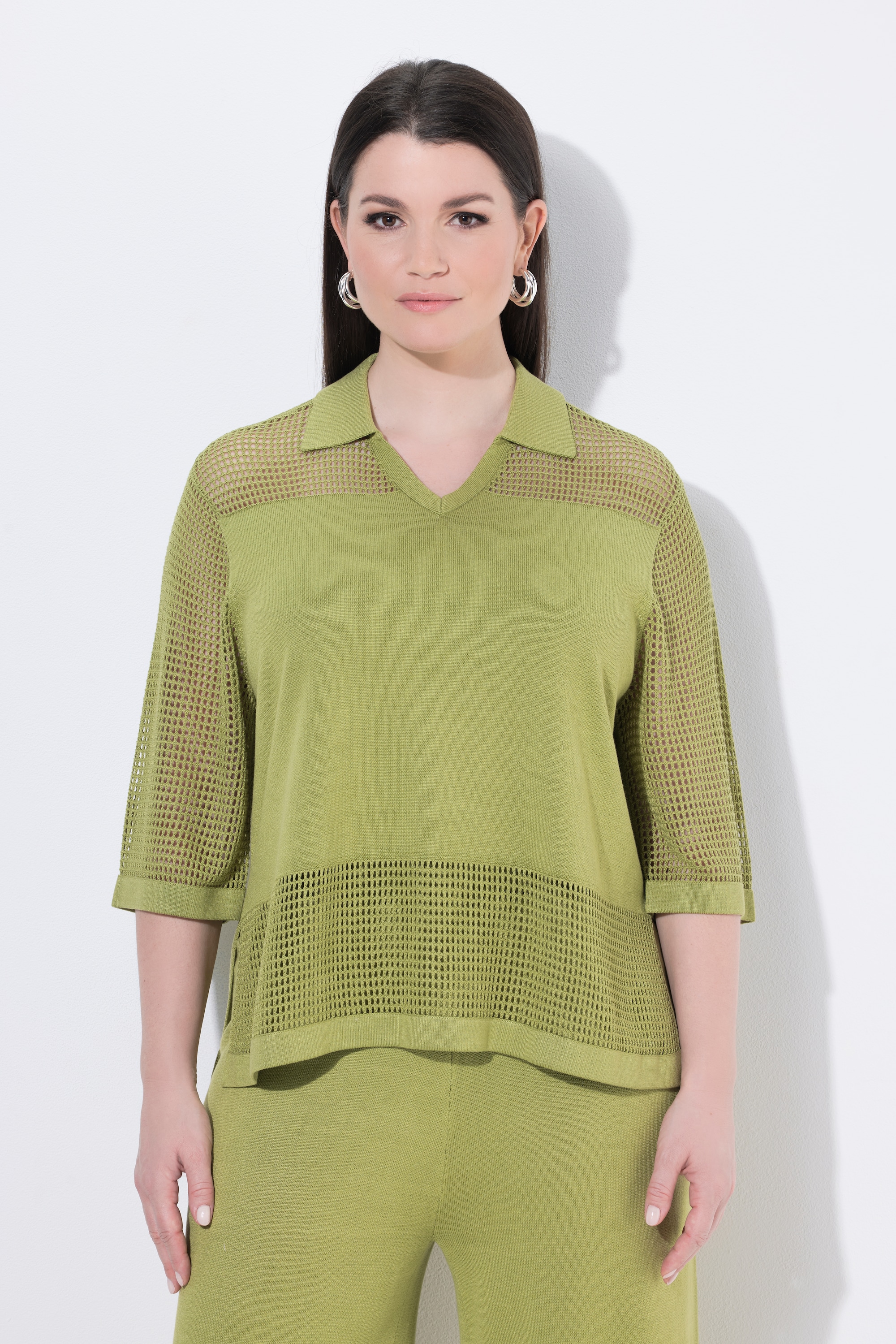 T-shirt en maille ajourée, col V, ULLA POPKEN