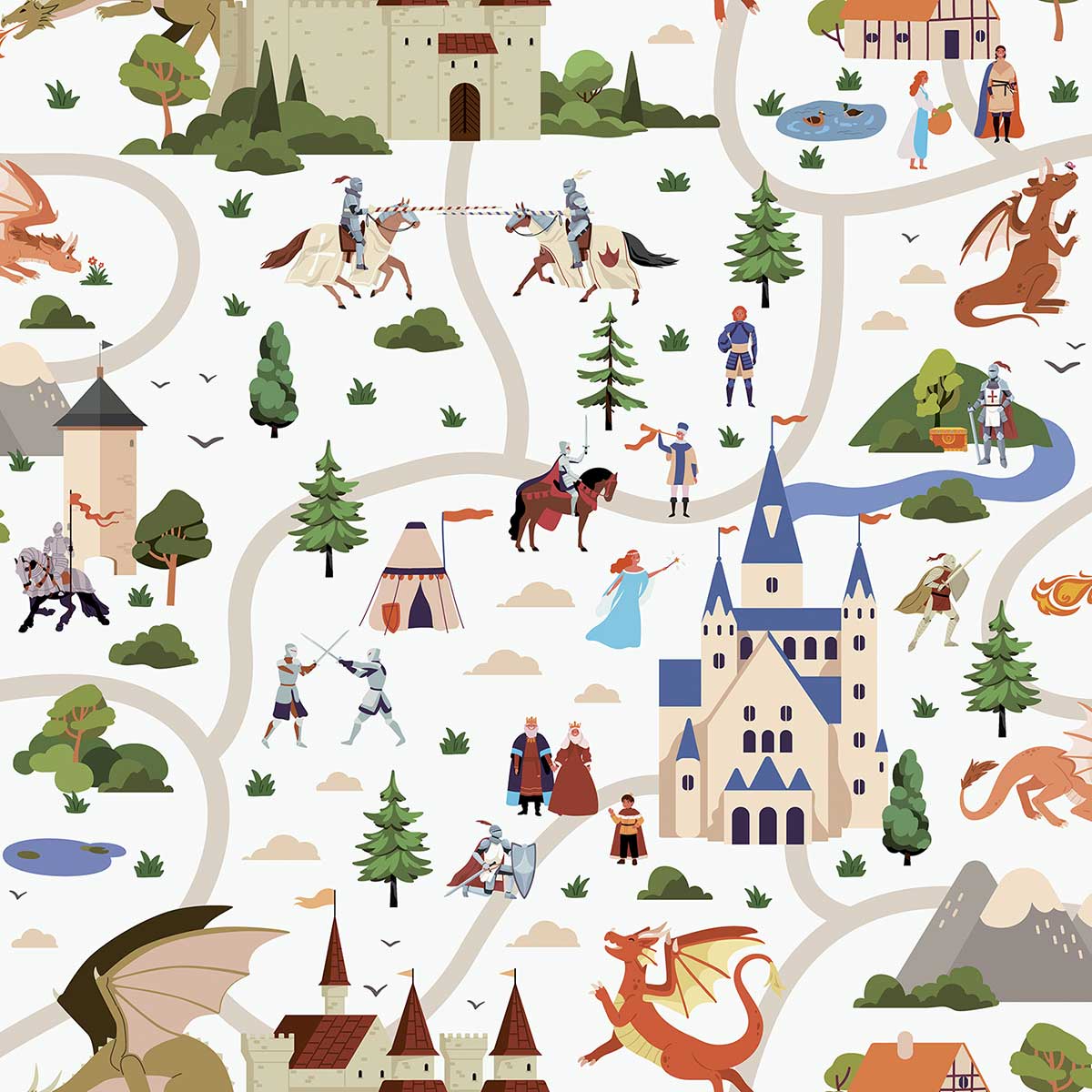 Papier peint chevaliers châteaux dragons enfant, HEXOA