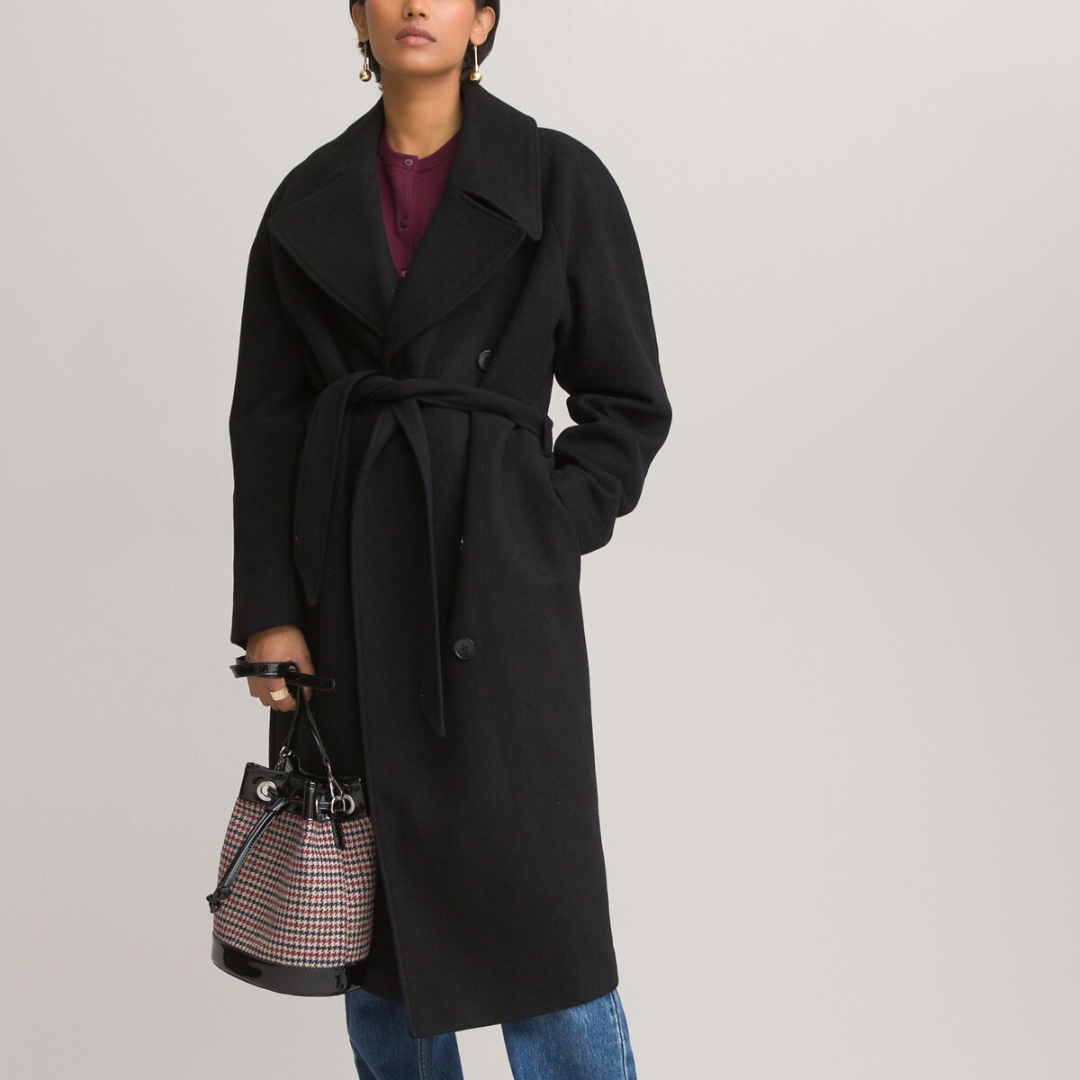 Long robe coat with tie waist , black, La Redoute Collections | La Redoute