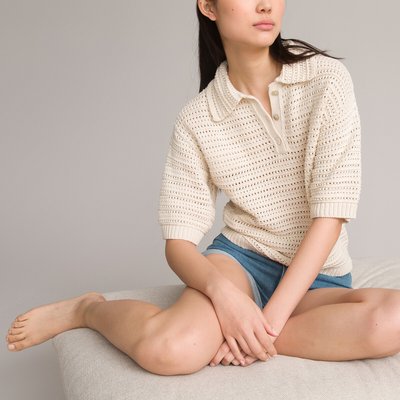 Openwork Knit Polo Jumper in Cotton LA REDOUTE COLLECTIONS