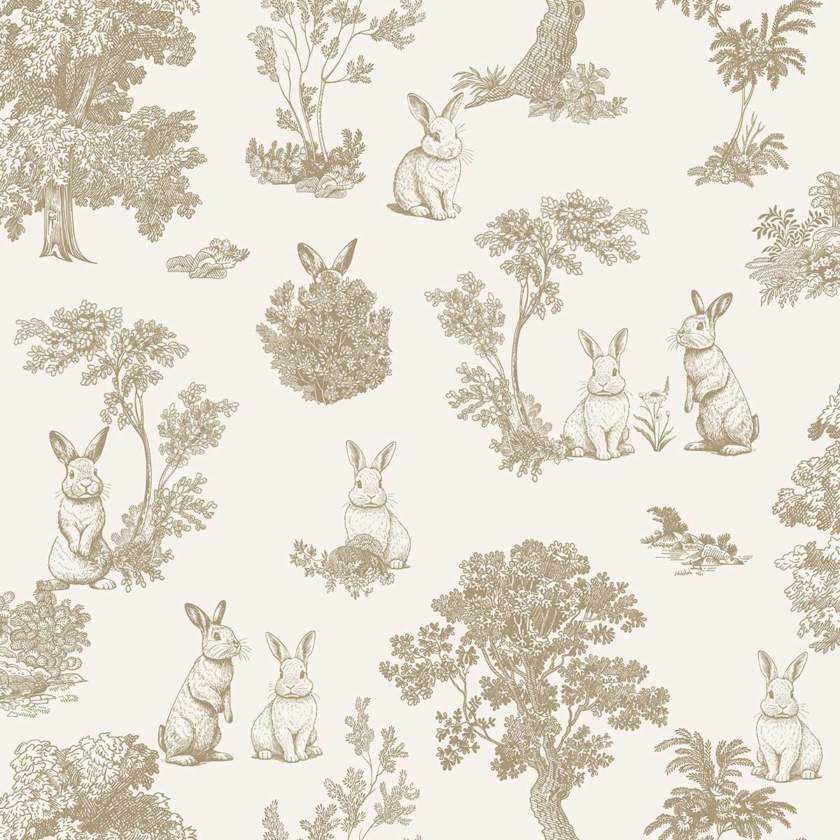 Papier peint lapin toile de Jouy doré blanc, HEXOA