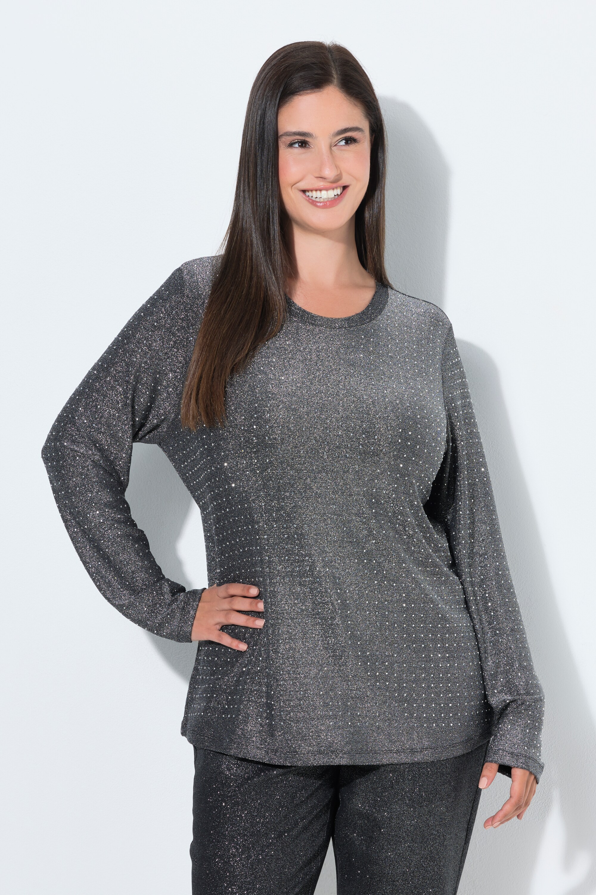 T-shirt en tulle de jersey, strass, ULLA POPKEN