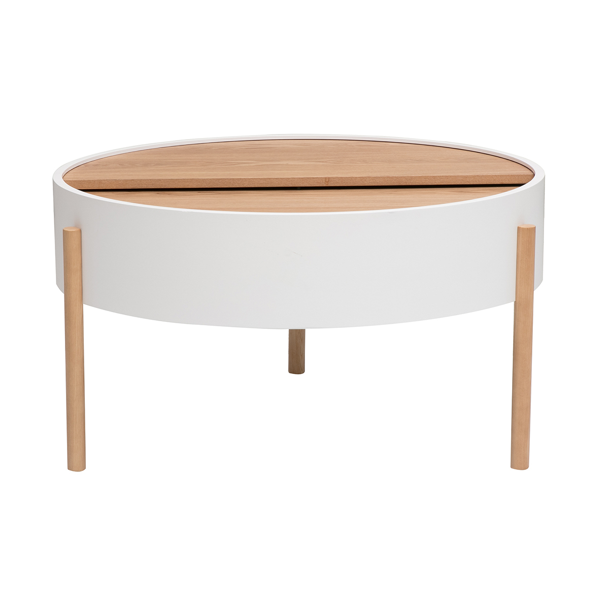Table basse ronde bois clair frêne et métal noir avec plateau pivotant et rangement D80 cm YOLINE, MILIBOO