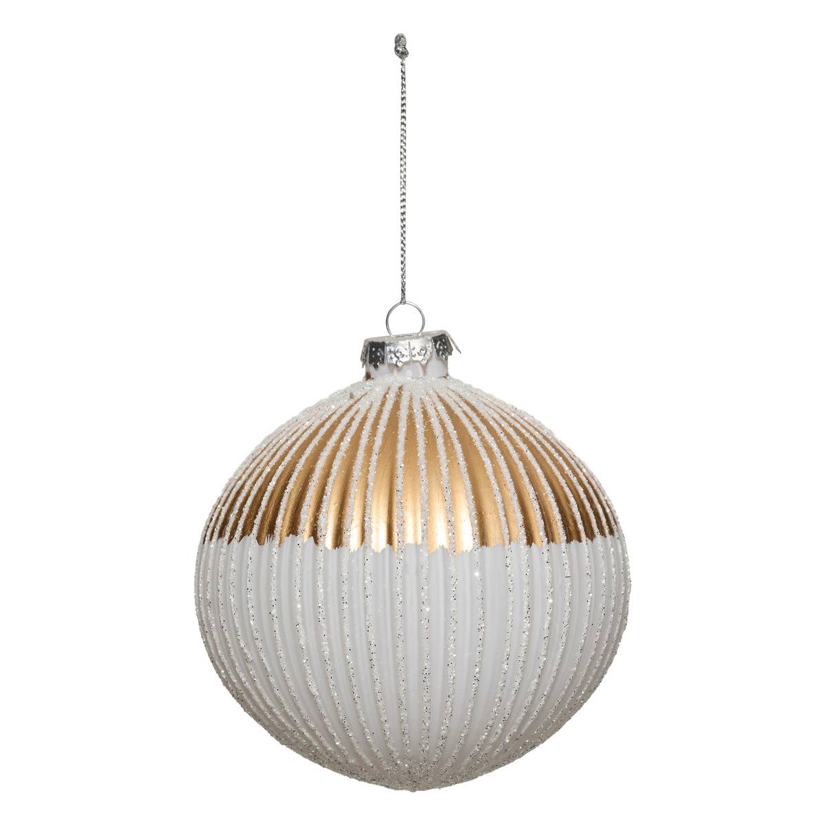 Boule de Noël en verre striée or et blanc D. 100 mm, FEERIC LIGHTS & CHRISTMAS