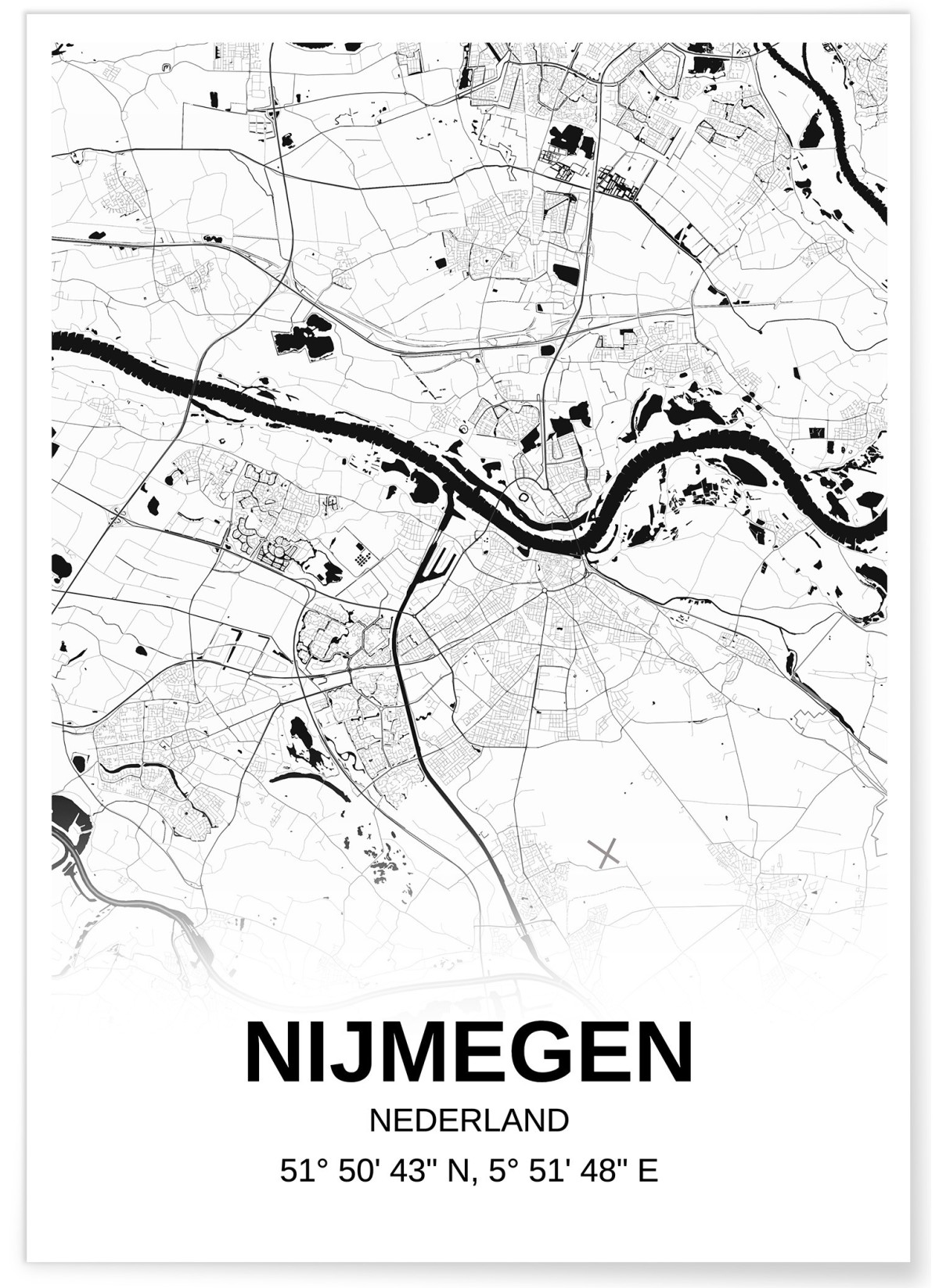 Affiche carte Nijmegen - rectangle Noir et Blanc, L'AFFICHERIE
