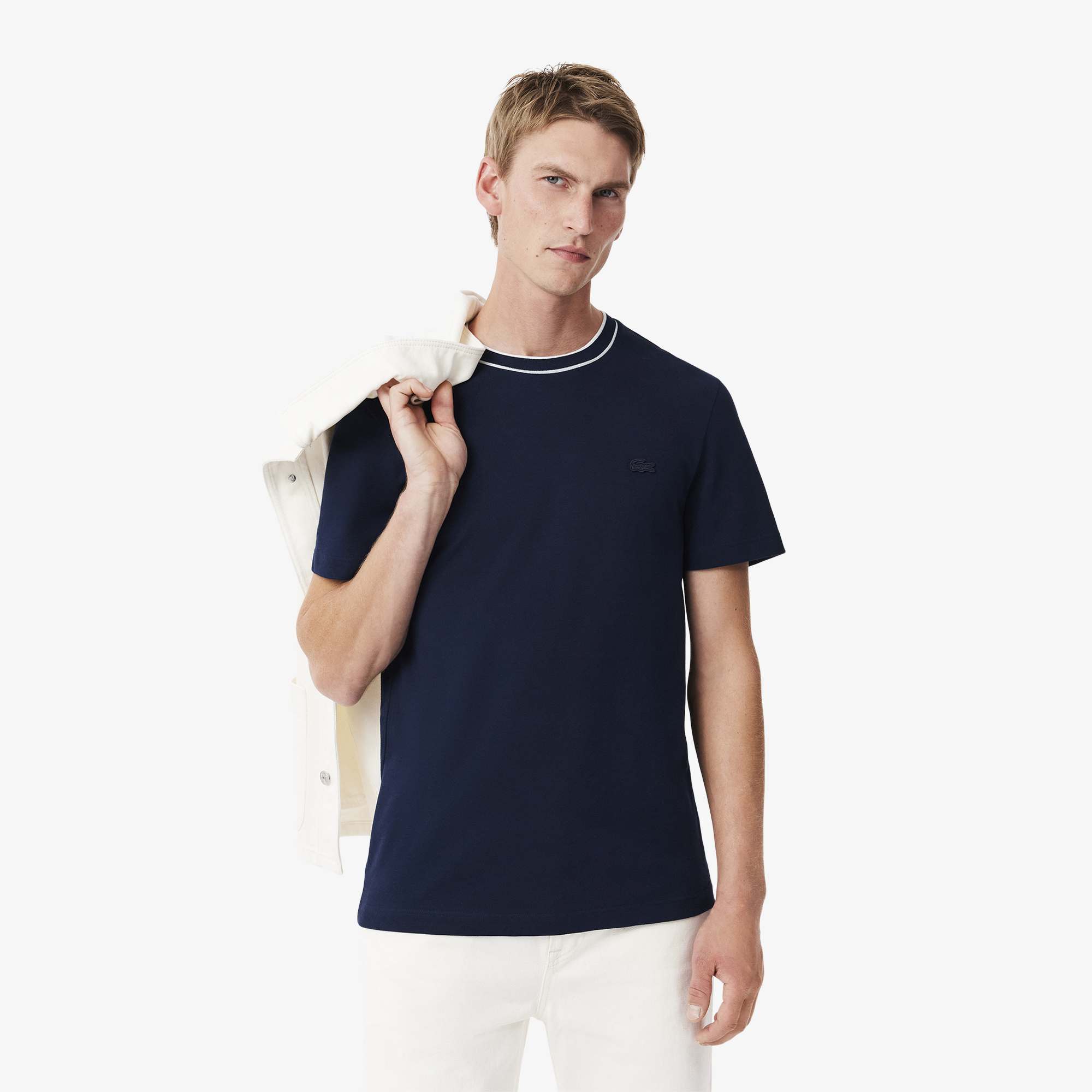 T-shirt en Piqué stretch col rayé, LACOSTE