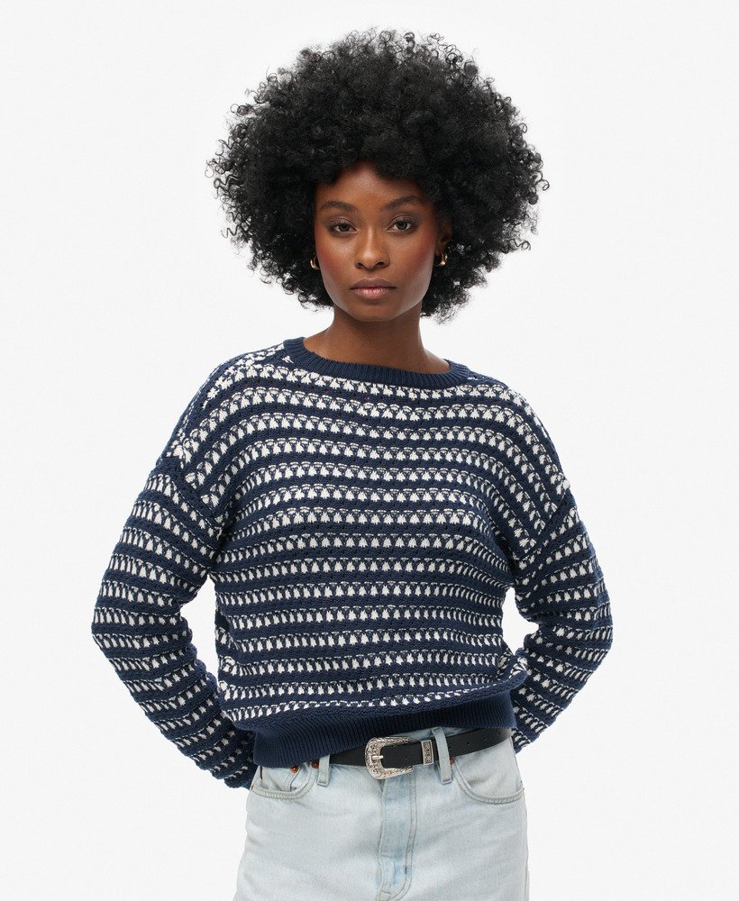 Pull ras du cou court rayé en crochet, SUPERDRY