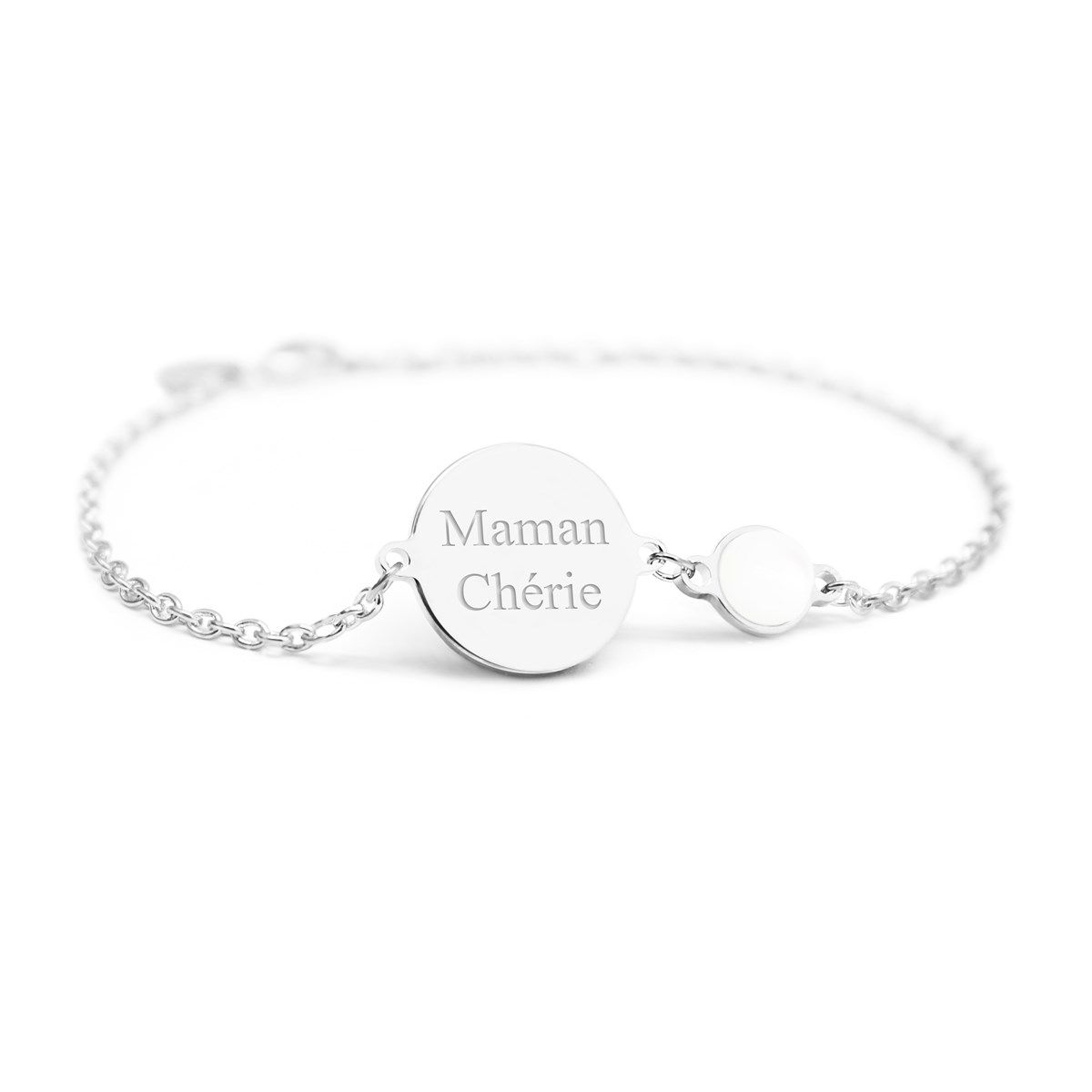 Bracelet chaine médaille argent 925 et nacre gravure MAMAN CHERIE