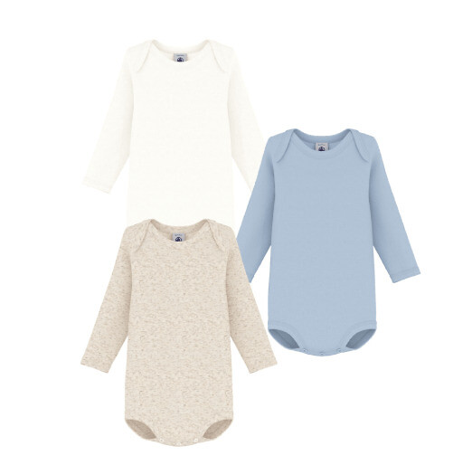 Pack of 3 Cotton Long Sleeve Bodysuits, PETIT BATEAU