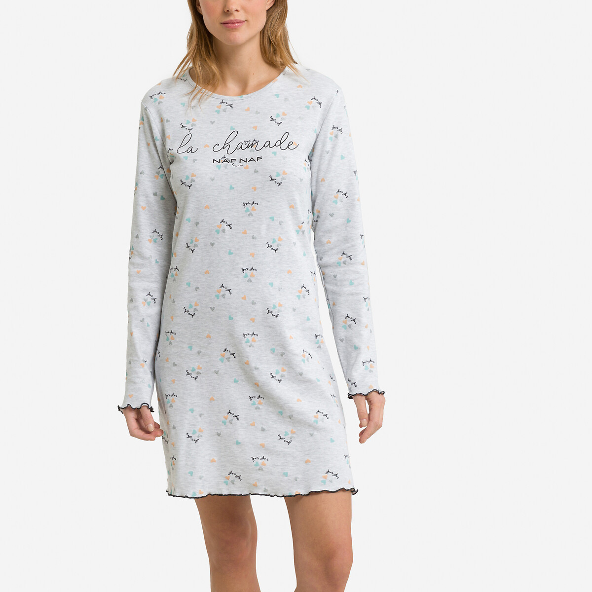 Image of Cham Printed Cotton Nightshirt with Long Sleeves